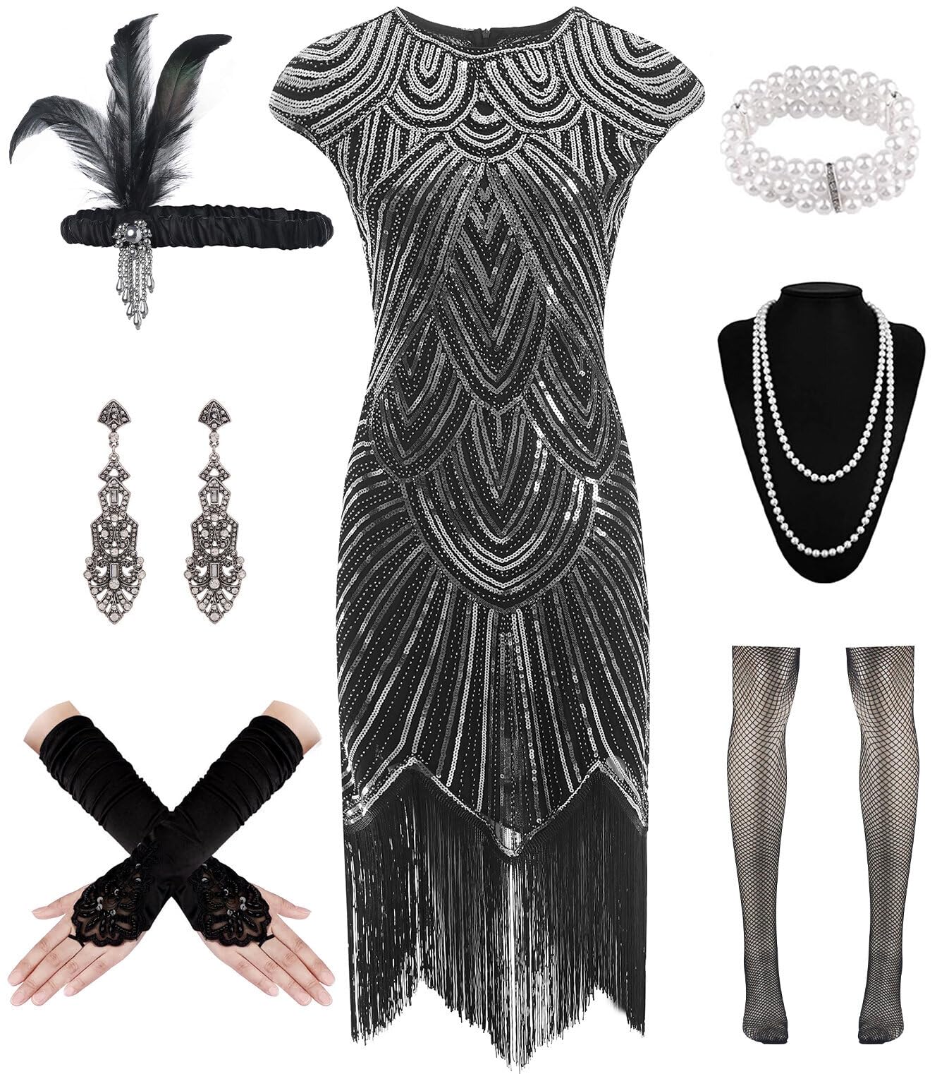 1920s Vintage Peacock Sequin Flapper Dress With Accessories Set - Great Gatsby Costume (Black/Green, Small) - View #5