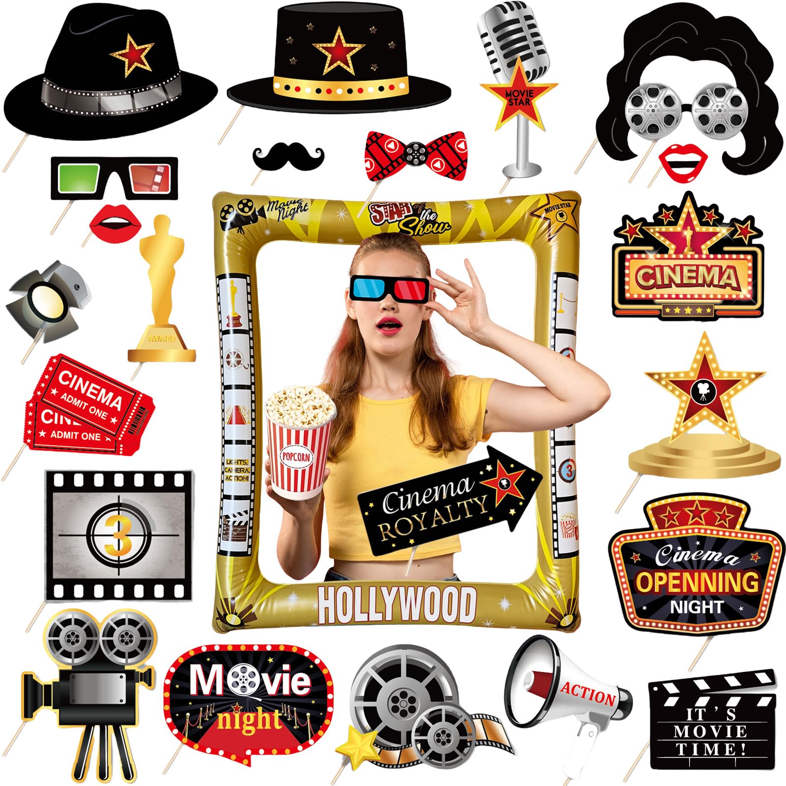 POPOYU Hollywood Movie Night Party Inflatable Photo Booth with 25Pcs Photo Booth Props Selfie Picture Frame for Hollywood Movie Night Party Game Accessories,Giant Frame Celebration Blow Up Party&Props