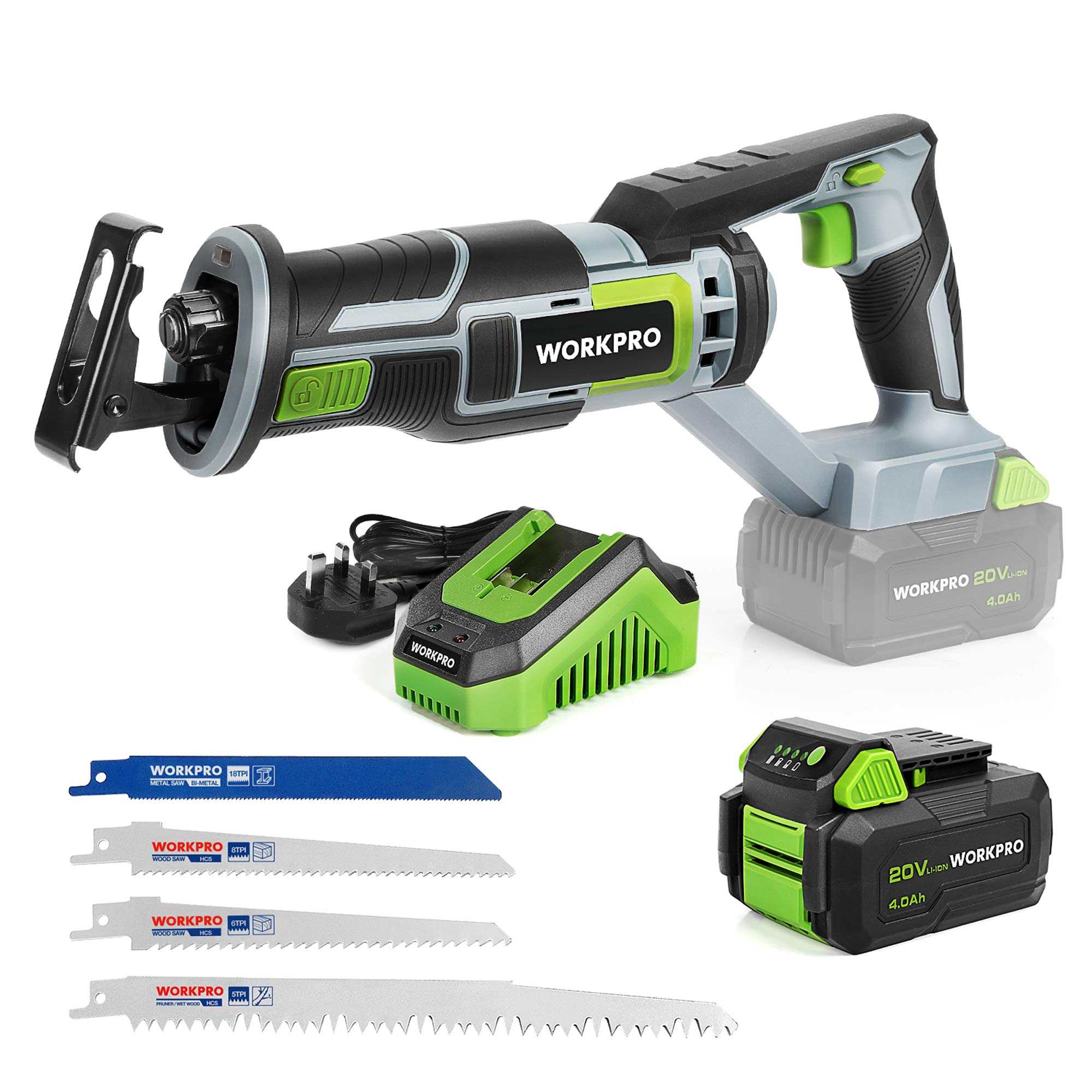 WORKPRO Cordless Reciprocating Saw, 20V 4.0Ah Battery, 25 mm Stroke Length, Variable Speed, Includes 4 Blades for Wood and Metal Cutting