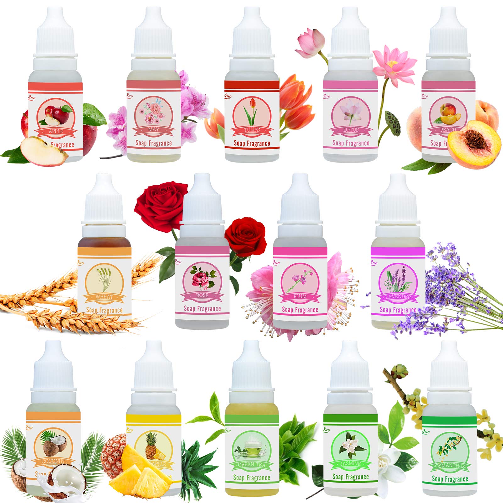 Soap Fragrance Oil - 14 Soap Making Scents Set for Bath Bomb Aroma, Soap Making Supplies - Concentrated Food Grade Liquid Scents for Cosmetic, Art, DIY Handmade Crafts - 10ml Each