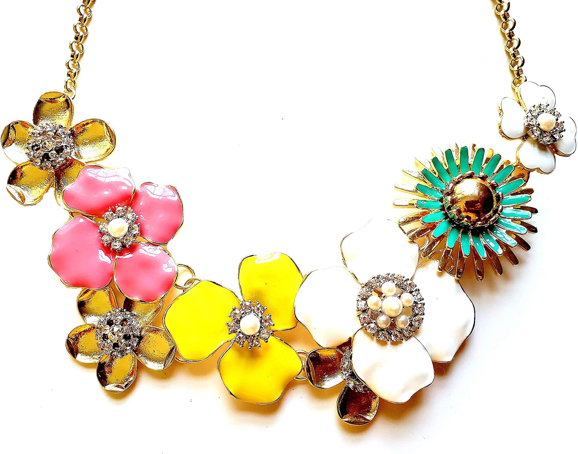 Statement Necklace For Women Colorful Floral Long Fashion Necklaces With Rhinestones Chunky Bold Flower Fashion Costume Jewelry