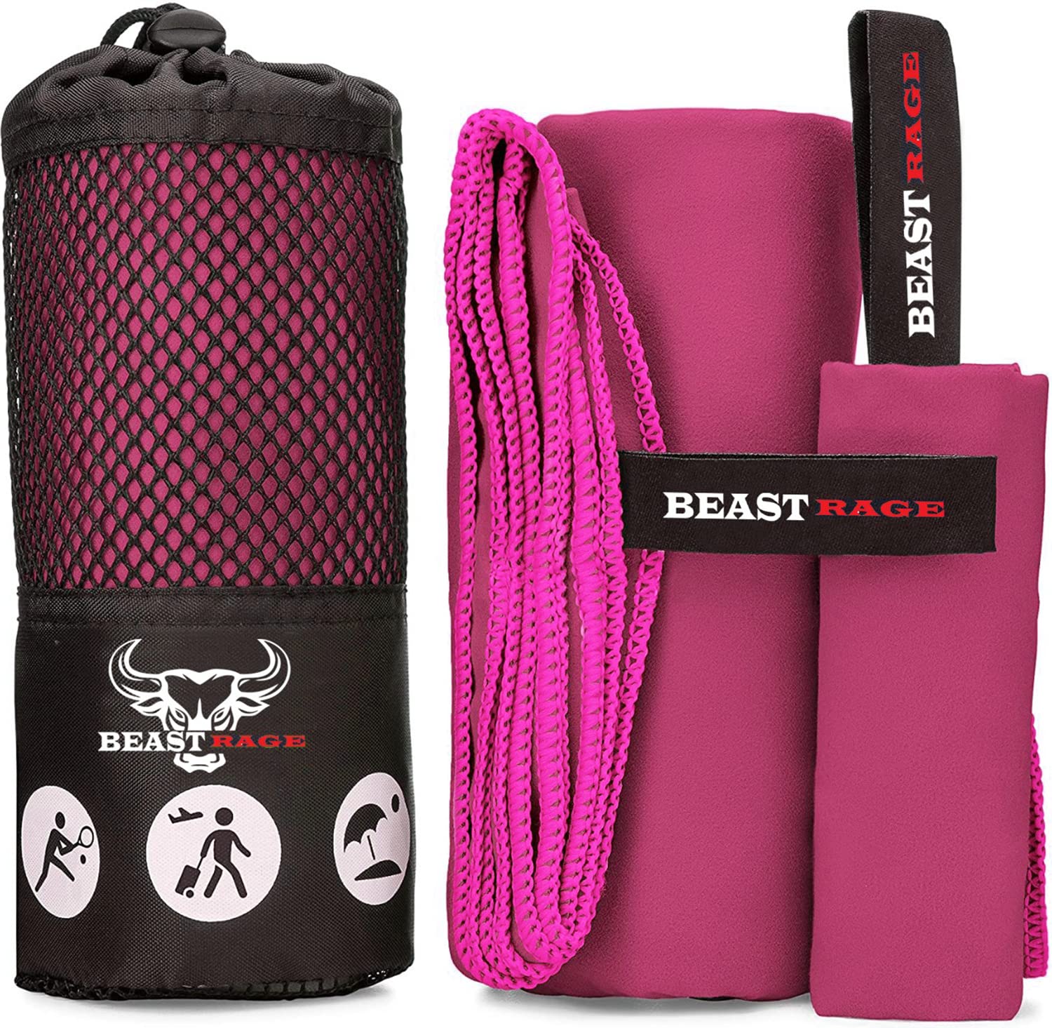 BEAST RAGE® Microfibre Towel Gym Beach Towel Fast Drying Super Absorbent Lightweight Gym accessories for Men Women Swimming Hair Towel Travel Camping Yoga Sports (50 x 30 cm, Pink)