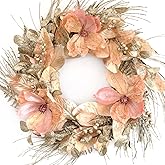Idyllic 18 Inch Winter and Christmas Magnolia Flowers Gold Glitter Wreath for Home and Front Door Decor, Pink and Gold Magnolia Flower Wreath for Outside All Seasons Spring Indoor Outdoor Decor