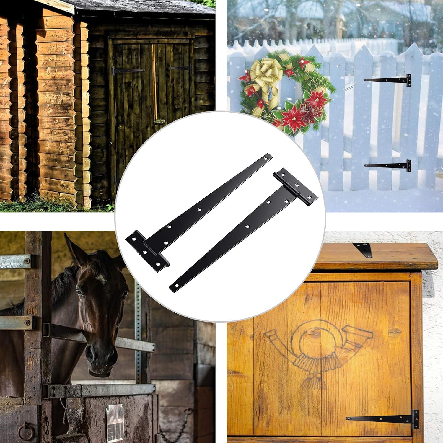 Justech 6PCs 10" Heavy-Duty T-Hinge Tee Shed Hinge Set T-Strap Hinges Black Forged Metal Iron Gate Door Barn Hardware with Screws - Image 3