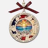 Puerto Rico Wooden Christmas Ornament, 2-Layer Wood and Acrylic Round Caribbean Sunset Keepsake with Tropical Icons, El Yunque, Pina Colada, Flamenco Beach, Holiday Souvenir Gift