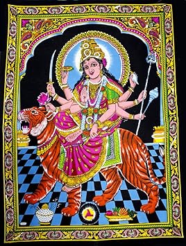 Goddess Durga Ma Tapestry Sequin Cotton Wall Hanging 44X30 Inches Multi Color
