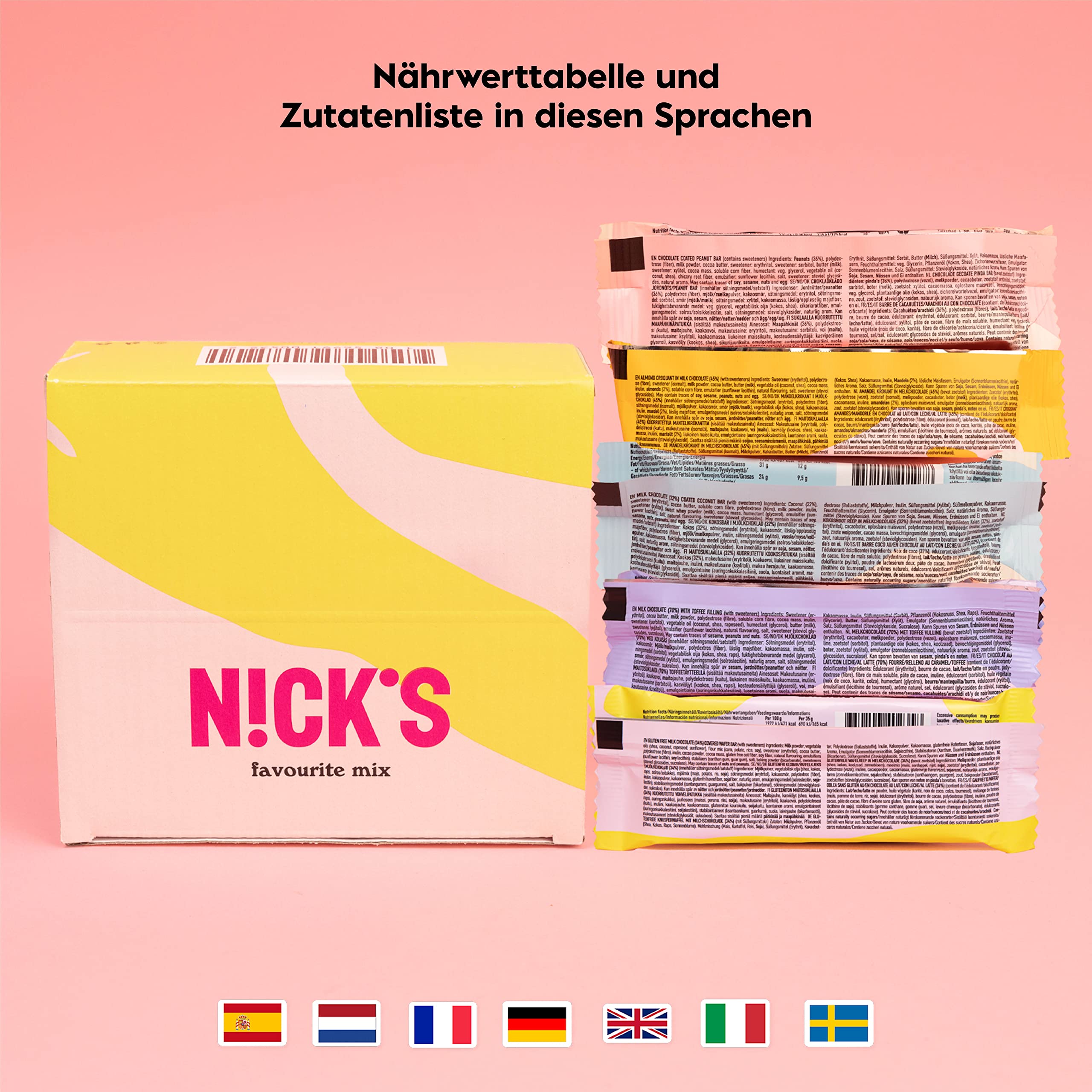 NICKS Schokolade Keto Riegel ohne Zuckerzusatz, Favoriten Mix box mit Schokoriegel Glutenfrei, Low carb Süßigkeiten ohne Palmöl (Probierpaket mit 12 Snacks bars) 9