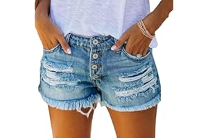 Denim Shorts Women Mid Rise Ripped Stretchy Jeans Shorts with Pockets Trendy Frayed Raw Hem Casual Summer Short Pants