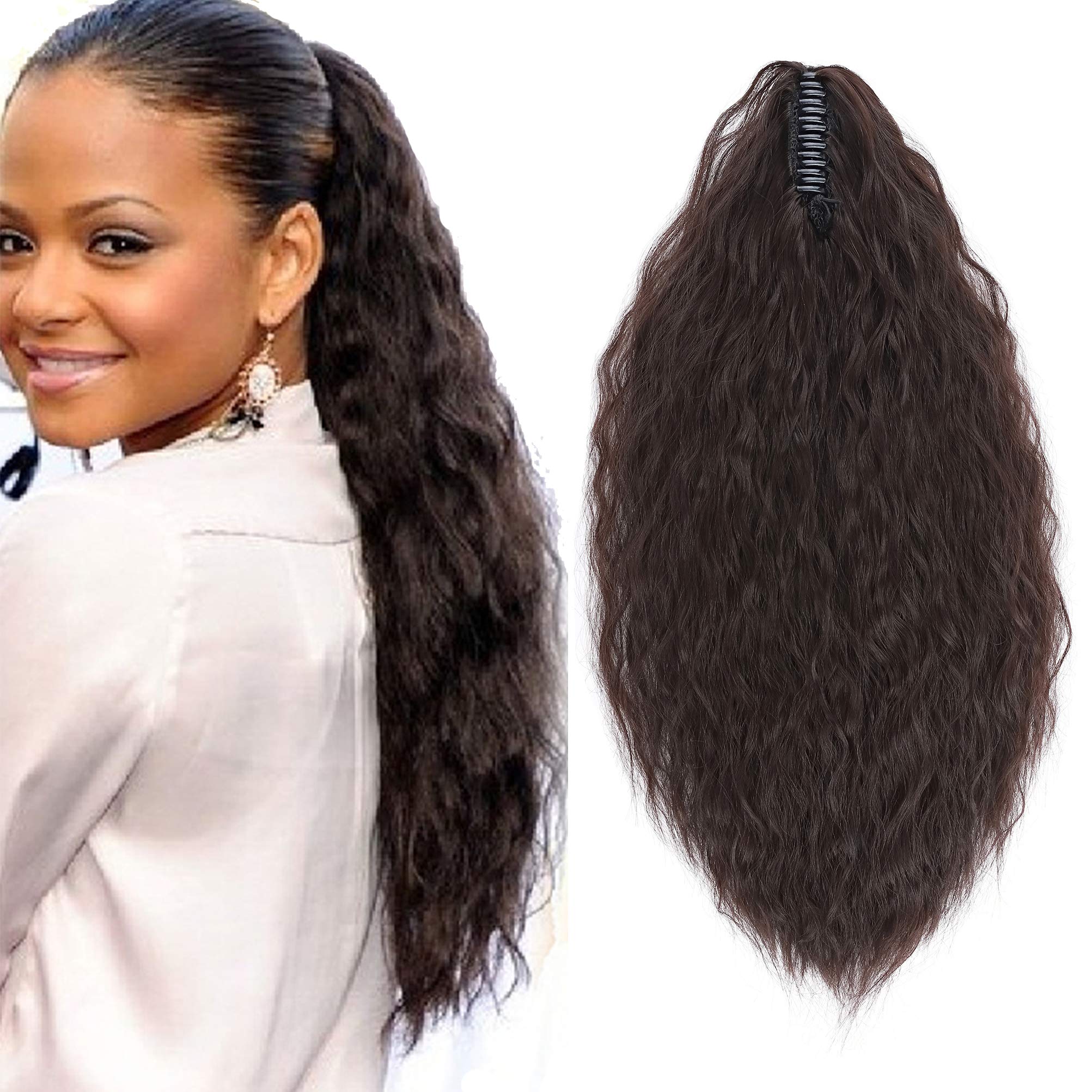 24inch Long Corn Curly Wave Ponytail Extension Synthetic Claw Ponytail Clip in Jaw Claw Hair Extensions Hairpieces for Women Dark Brown