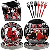 Grencian 96Pcs Boxing Birthday Party Supplies World Champion Plates and Napkins Fight Sports Wrestling Tableware Set for Boxing Birthday Party Supplies Serves 24