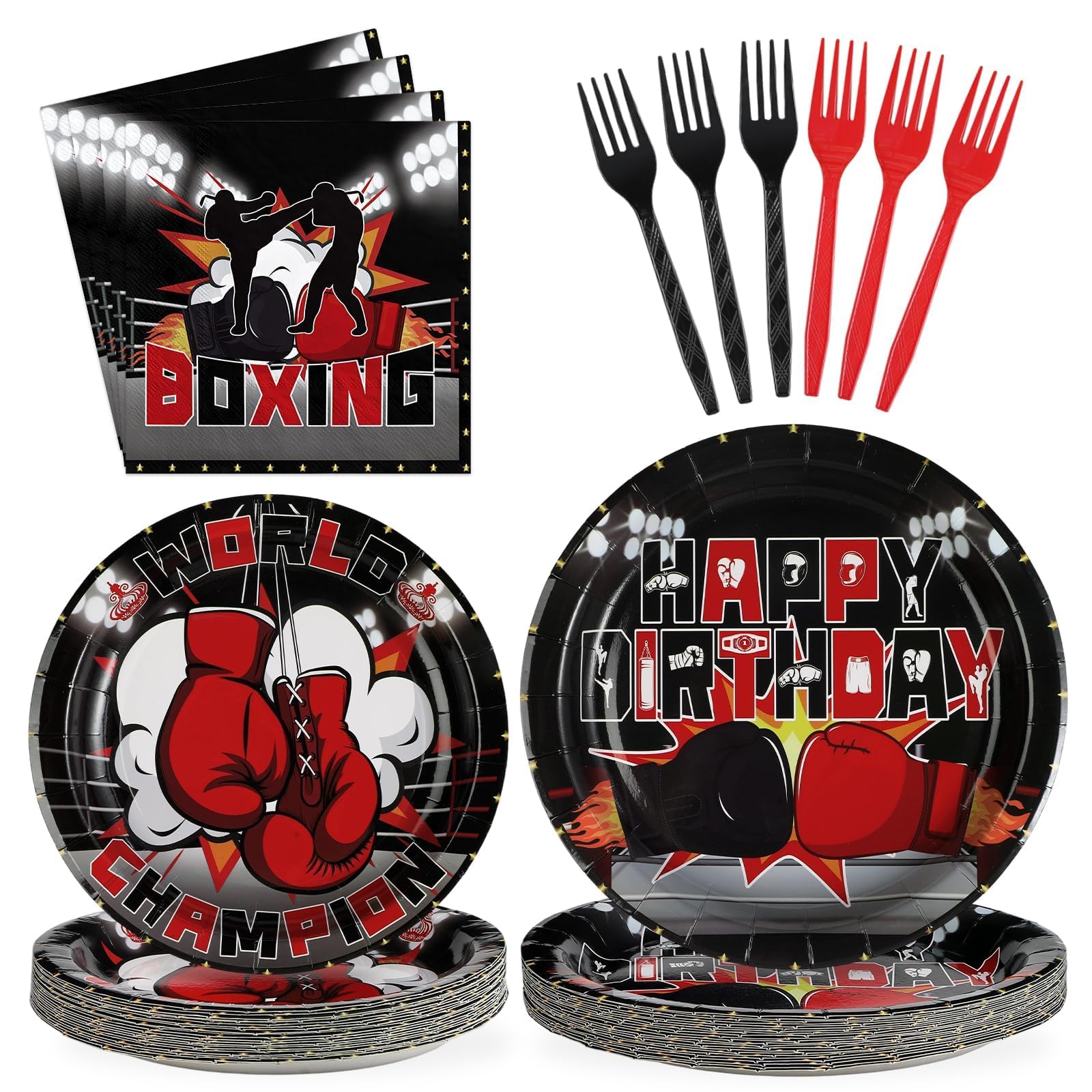 Photo 1 of Grencian 96Pcs Boxing Birthday Party Supplies World Champion Plates and Napkins Fight Sports Wrestling Tableware Set for Boxing Birthday Party Supplies Serves 24