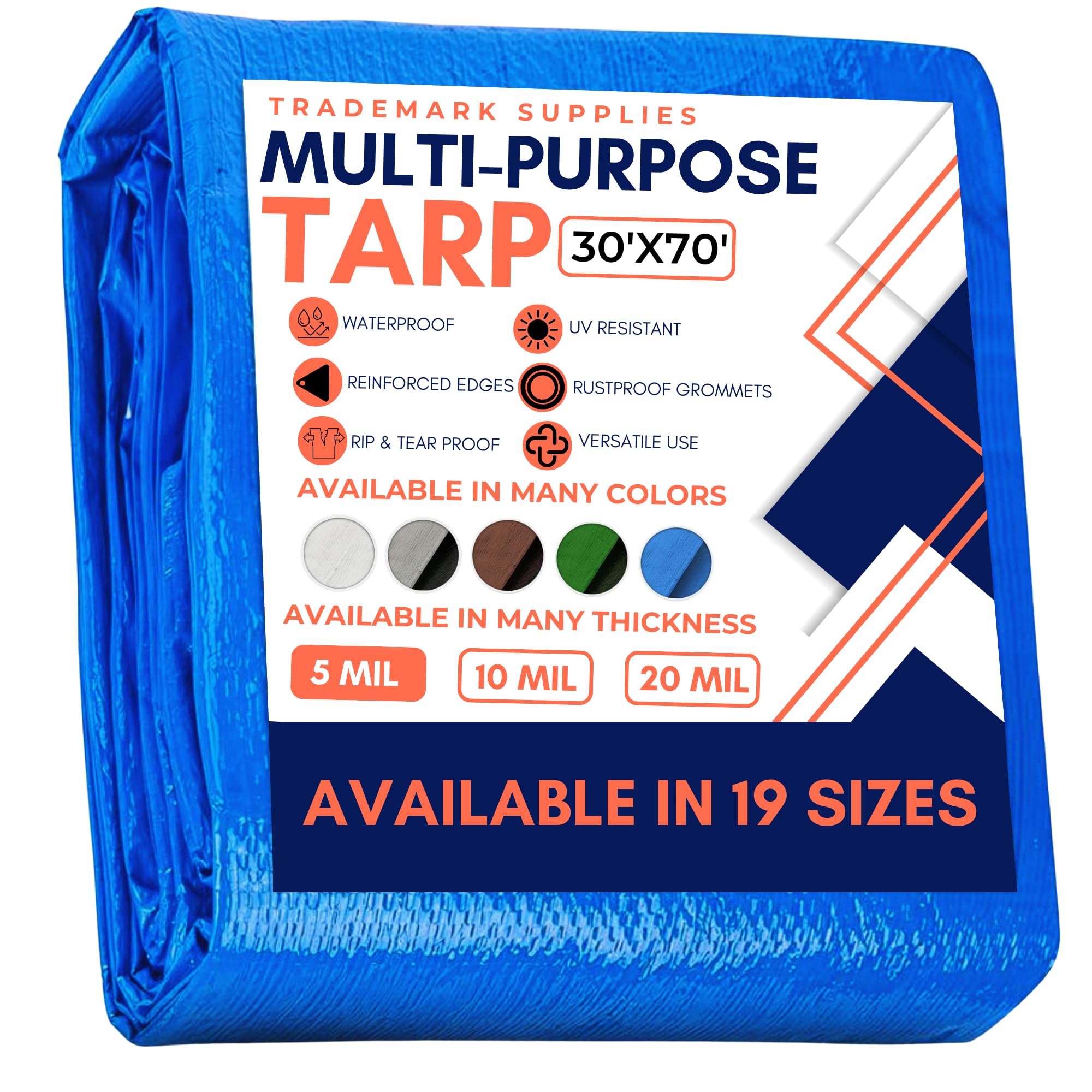 Large Waterproof Tarp - Heavy Duty 5 Mil Thick Poly Tarpaulin Ideal for Canopy Tents, Boats, RV or Pool Covers - Multipurpose Protective Tarps with Grommets for Indoor and Outdoor Use | 30' x 70' Image