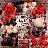 Scary Halloween Balloon Arch Garland Kit, Black Red and Apricot Horror Party Balloons with 3D Spider Decor, Clear Balloon with Blood for Halloween Spooky Zombie Horror Themed Birthday Decorations