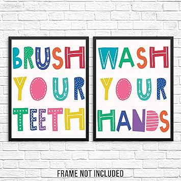 Sincerely Not Kids Bathroom Wall Art Print Poster Set Brush Your Teeth Wash Your Hands Signs Unframed Boys Girls Motivational Colorful