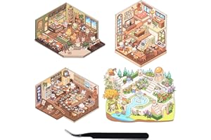 ZLSPTK 4 Sets 3D Sticker Scene Room DIY 3D House Stickers Cute Korean Stickers Deco Make Your Own Mini Room Stickers Funny Scrapbook Stickers Cartoon Scene Sticker for Adult Kids Relief Stress Pass The Time