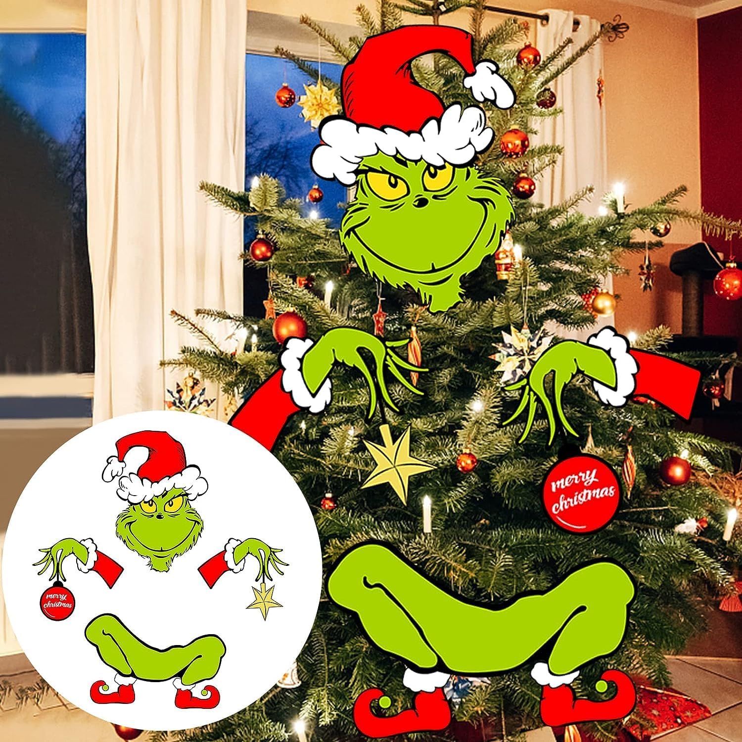 Tree Toppers - 4Pcs Grinchmas Decor for Christmas Tree, Funny Christmas Tree Ornament, Thief Stole Tree Topper Head Arms and Legs for Holiday Xmas Decoration