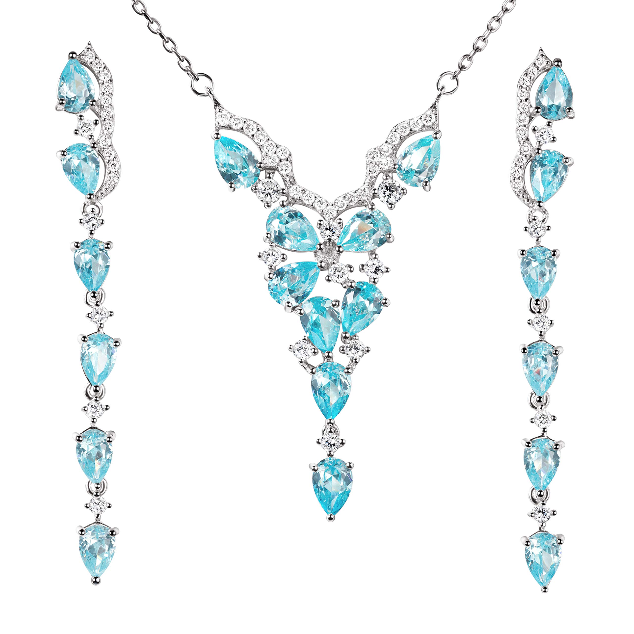 Franki Baker Elegant Cascade of Blue Topaz & Diamond CZ Sterling Silver Necklace & Earring Set