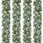 KHOYIME Eucalyptus Garland with White Flowers, 4 Packs 5.9Ft Artificial Silver Dollar Eucalyptus Leaves Plant Fake Greenery Hanging Ivy Vines Faux Wreath for Wedding Arch Party Mantle Table Home Decor