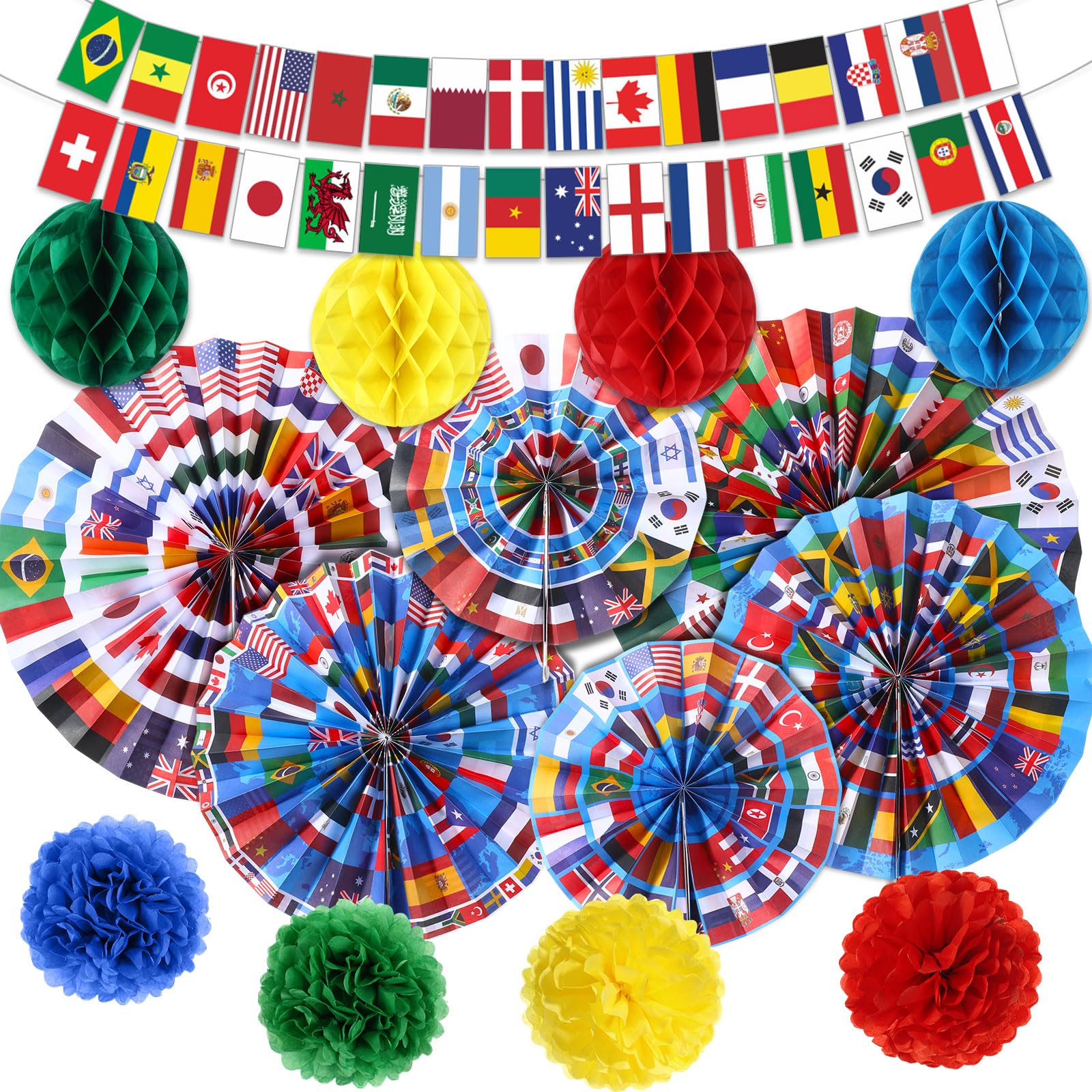 Photo 1 of Pasimy 15 Pcs International World Flags Decorations Around The World Hanging Paper Fans Country Flags Banner Bunting Paper Pompoms Honeycomb Ball for Around The Nation Classroom Sport Supplies