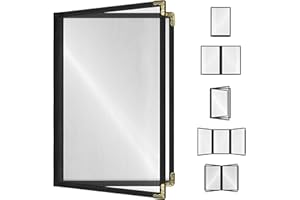 ACI SUPER POWER Goodsmart Restaurant Menu Covers – 25 Pack Black 4-View, Side-Loading Menu Holders, Vinyl & Plastic Café Menu Covers, Clear Menu Sleeves, Fits 5.5" x 8.5", Leather-Style Design, Gold Corners