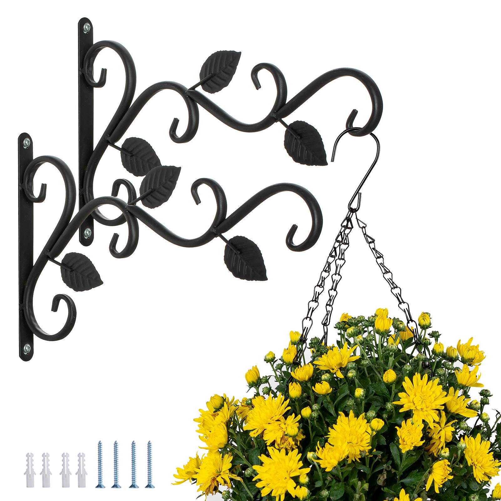 NUPTIO Wall Hook Hanging Plant Bracket, 2 Pcs Garden Brackets Hanging Flower Pot Hangers with Screw 29.5cm for Lanterns, Bird Feeders Wind Chimes Planters Indoor Outdoor Decoration Hooks, Black