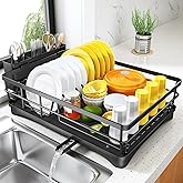 SNTD Dish Drying Rack for Kitchen Counter - Large Dish Rack with Drainboard, Rustproof Dish Drainer with Utensil Holder for Sink, Black