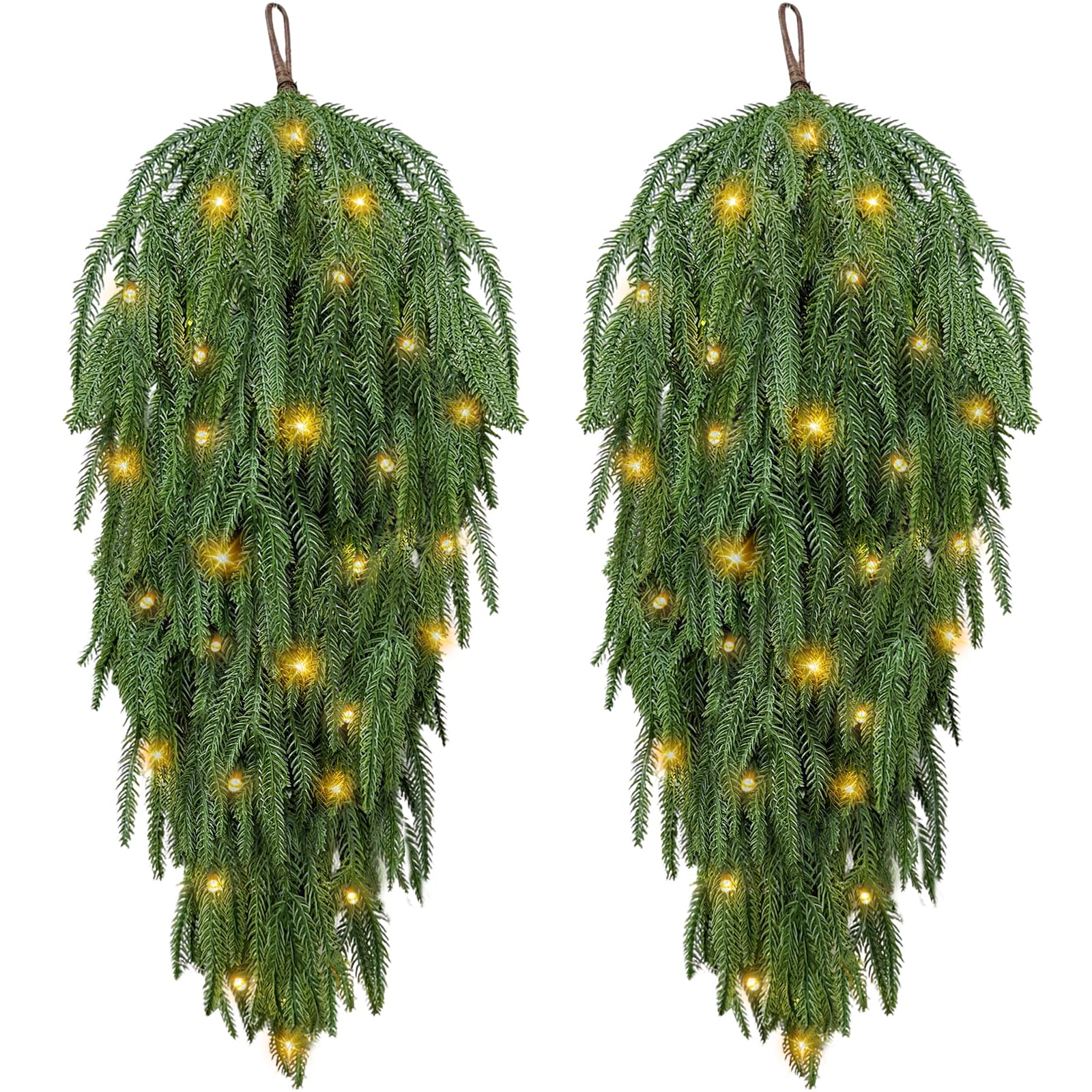 Photo 1 of 2 Pcs 28" Lighted Artificial Christmas Teardrop Swags with 20 Warm White Lights, Timer, 35 Norfolk Pine, Hanging Christmas Teardrop Door Swag Wreath for Xmas Holiday Mantle Fireplace Indoor Outdoor