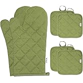 Win Change Oven Mitts and Pot Holders Sets,6 Pcs Oven Mitts and Potholders with Recycled Cotton High Heat Resistant Extra Thick Long Oven Mitts for Cooking(Green)