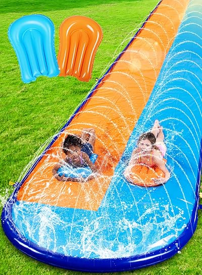 Sloosh 22.5ft Double Lawn Water Slide with Sprinklers and 2 Boards
