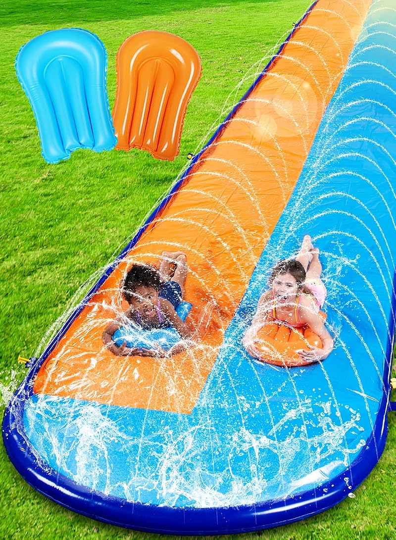 Sloosh 22.5ft Double Lawn Water Slide with Sprinklers and 2 Boards