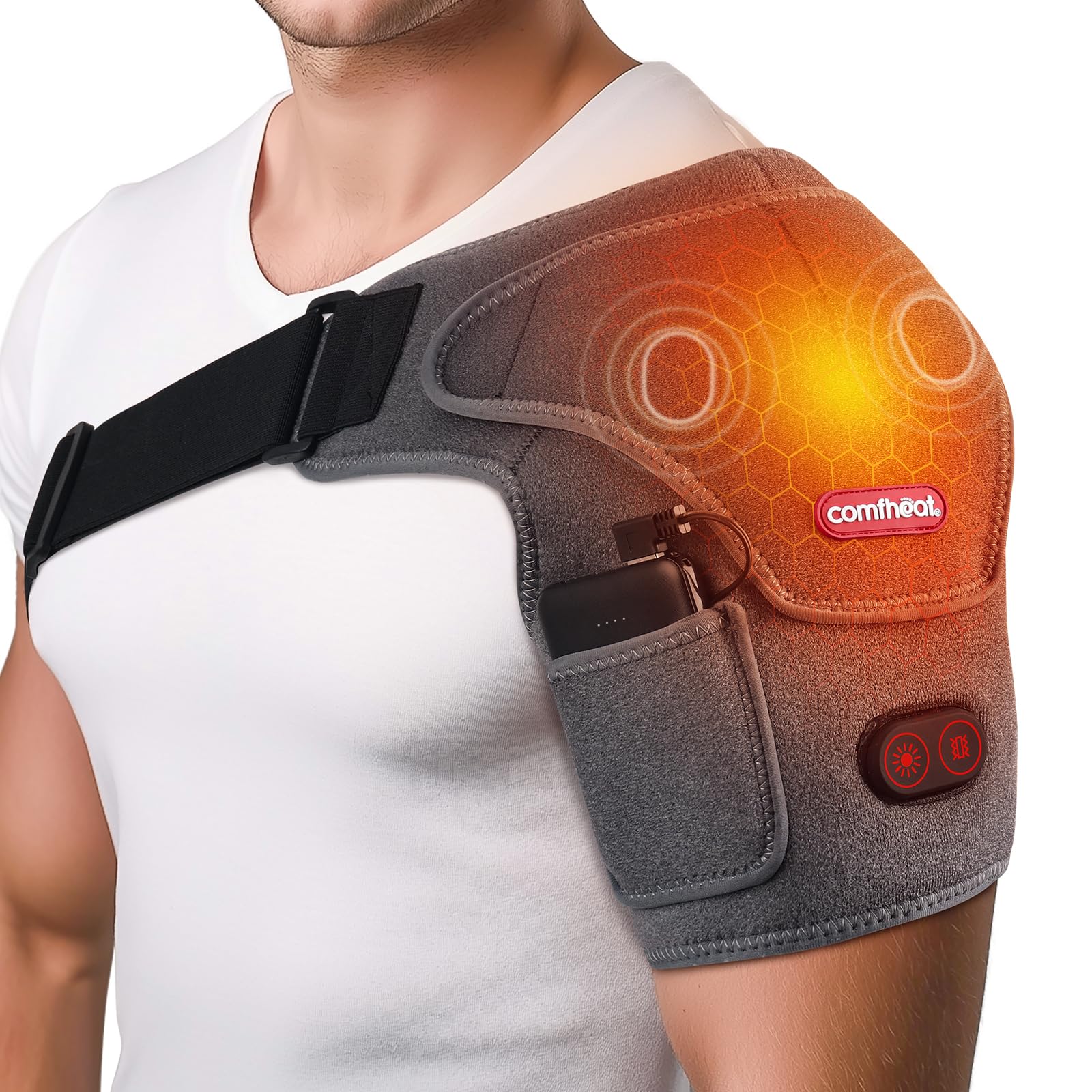 Photo 1 of comfheat Cordless Shoulder Heating Pad with Vibration Massage for Frozen Shoulder Rotator Cuff Pain Relief, Rechargeable Heated Shoulder Wrap Brace Support for Men & Women, Easy Wear Design