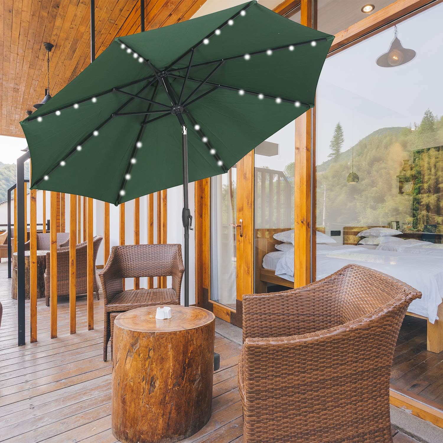 Amazon Com Klismos 9 Ft Patio Umbrella With 32 Lights Outdoor Table Market Umbrella With Tilt Crank 8 Sturdy Ribs Without Umbrella Base Green Garden Outdoor