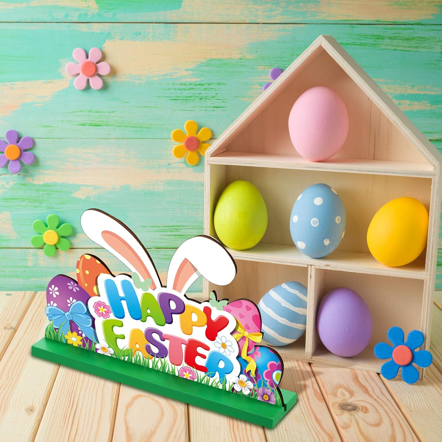 Jetec 3 Pieces Easter Table Decoration Centerpieces Bunny Egg Wooden Decorations Spring Bunny Happy Easter Welcome Egg Hunt Centerpiece For Easter Dinner Party Home Table Decor Party Favors Centerpieces Toys Games