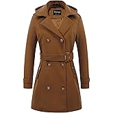 Chrisuno Women's Double Breasted Pea Coat Hooded Long Winter Trench Coat