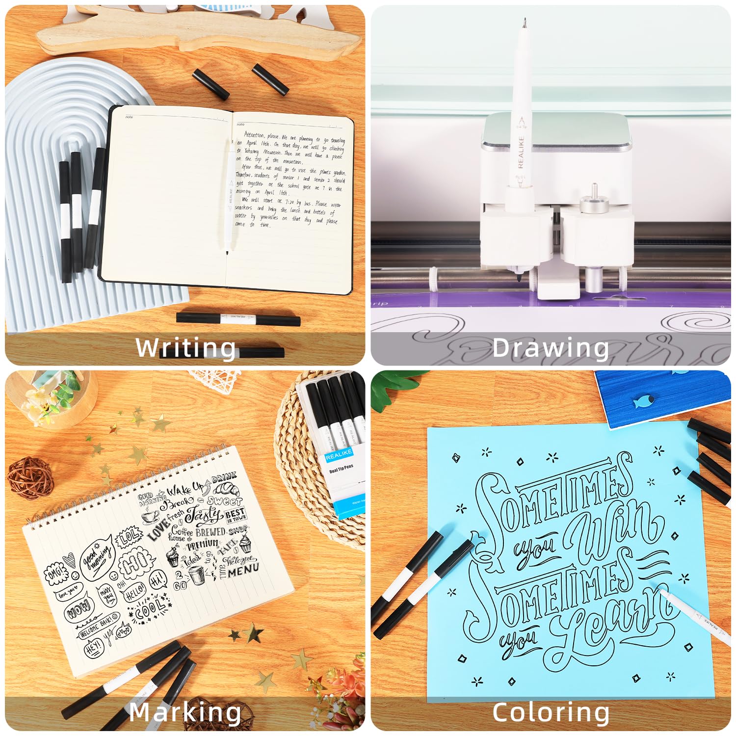 REALIKE Dual Tip Pens Compatible with Cricut Maker 3/Maker 4/Maker/Explore 3/4/Air 2/Air, Black Pens Set of 7 Pack Dual Tip Marker Fine Point Pen Writing Drawing (0.4 Tip & 1.0 Tip)
