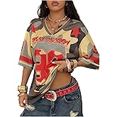 OYOANGLE Women's Oversized Jersey Y2K Number Print Graphic Mesh V Neck Drop Shoulder Short Sleeve Football Jerseys Tops