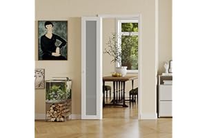 SOLRIG 180 Degree Bifold Door, for 30″x 80″ Door Openings, White 1-Lite Frosted Folding Door with Hinges Hardware Set, Full Access Bifold Closet Doors Perfect for Interior Openings