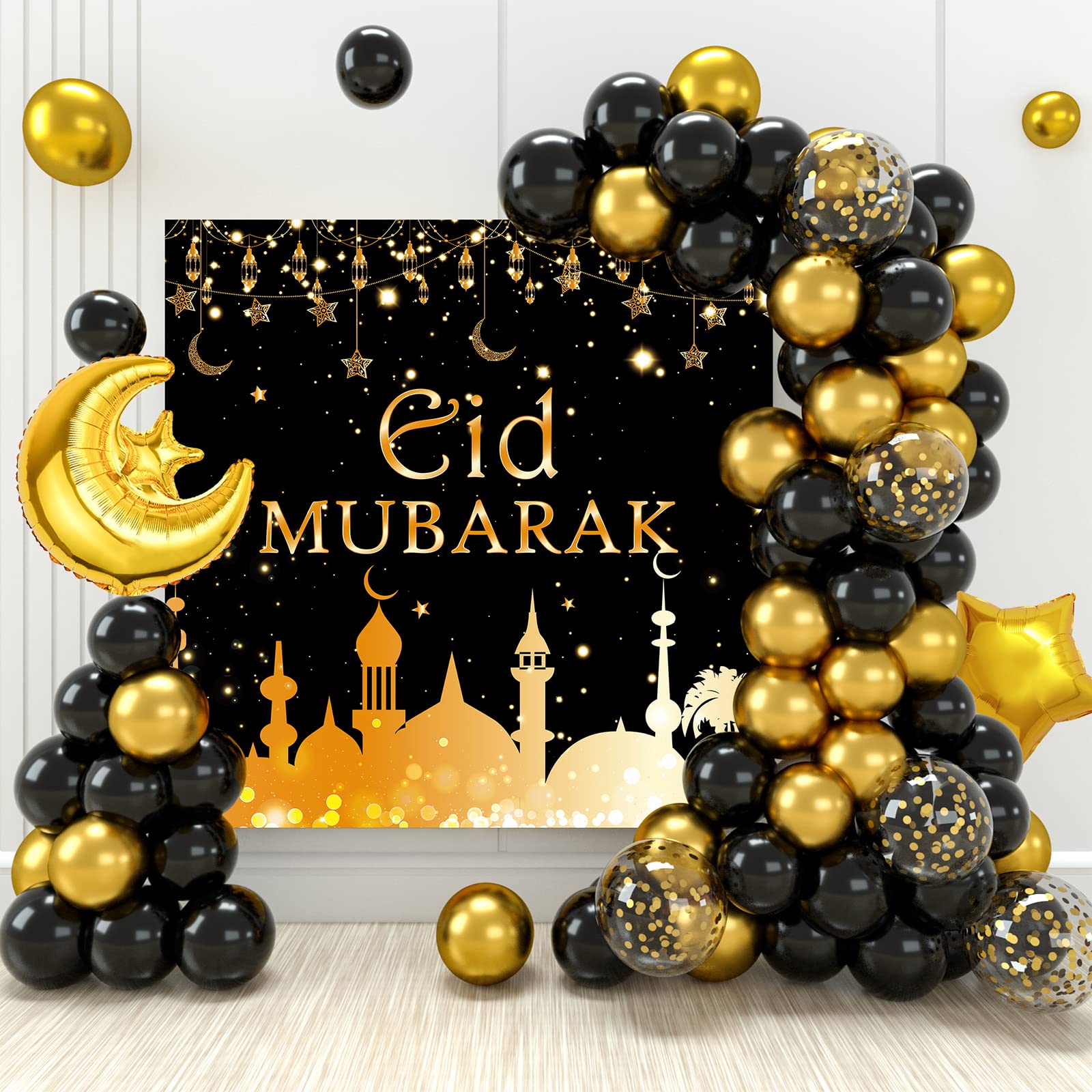 EID Mubarak Decorations for Home,74Pcs Black Gold Eid Balloons Arch Kit with Moon Star Balloons, Ramadan Mubarak Banner for Ramadan Decoration Set, 2026 Eid Decorations for Home, Islamic Decoration