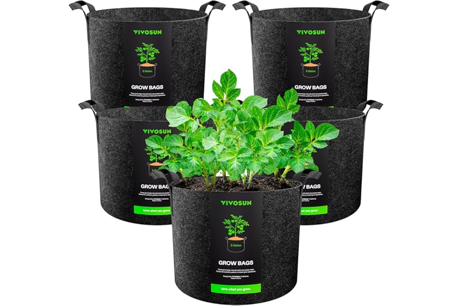 VIVOSUN 5-Pack 5 Gallon Grow Bags Heavy Duty 300G Thickened Nonwoven Plant Fabric Pots with Handles