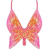 Monanoat Women’s Sexy Butterfly Shape Sequin Crop Top Bandage Lace up Tank Top Belly Dance Top Costume Outfits