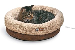 K&H Pet Products Heated Cat Bed Indoor, Thermo-Snuggle Cup Bomber Soft Heated Pet Bed for Large Indoor Cats and Small Dogs, Machine Washable, Waterproof Heated Pad, Safety Listed - 14x18in Chocolate