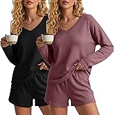 Velvelhall 2 Pack Women's Waffle Knit Pajama Sets V Neck Long Sleeve Top and Shorts Lounge Set Loungewear with Pockets