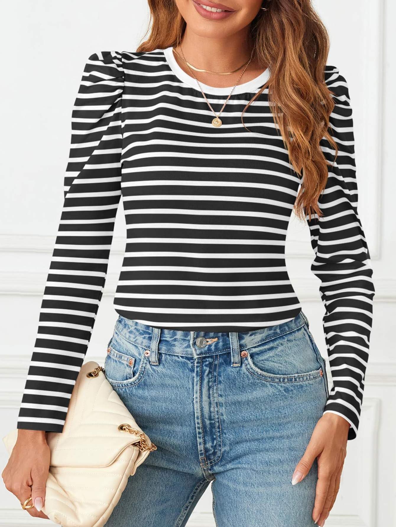 Am Direct Womens Puff Long Sleeve Shirts Crewneck Fall Tops Basic Dressy Casual Blouses 2025 Trendy Outfits Black