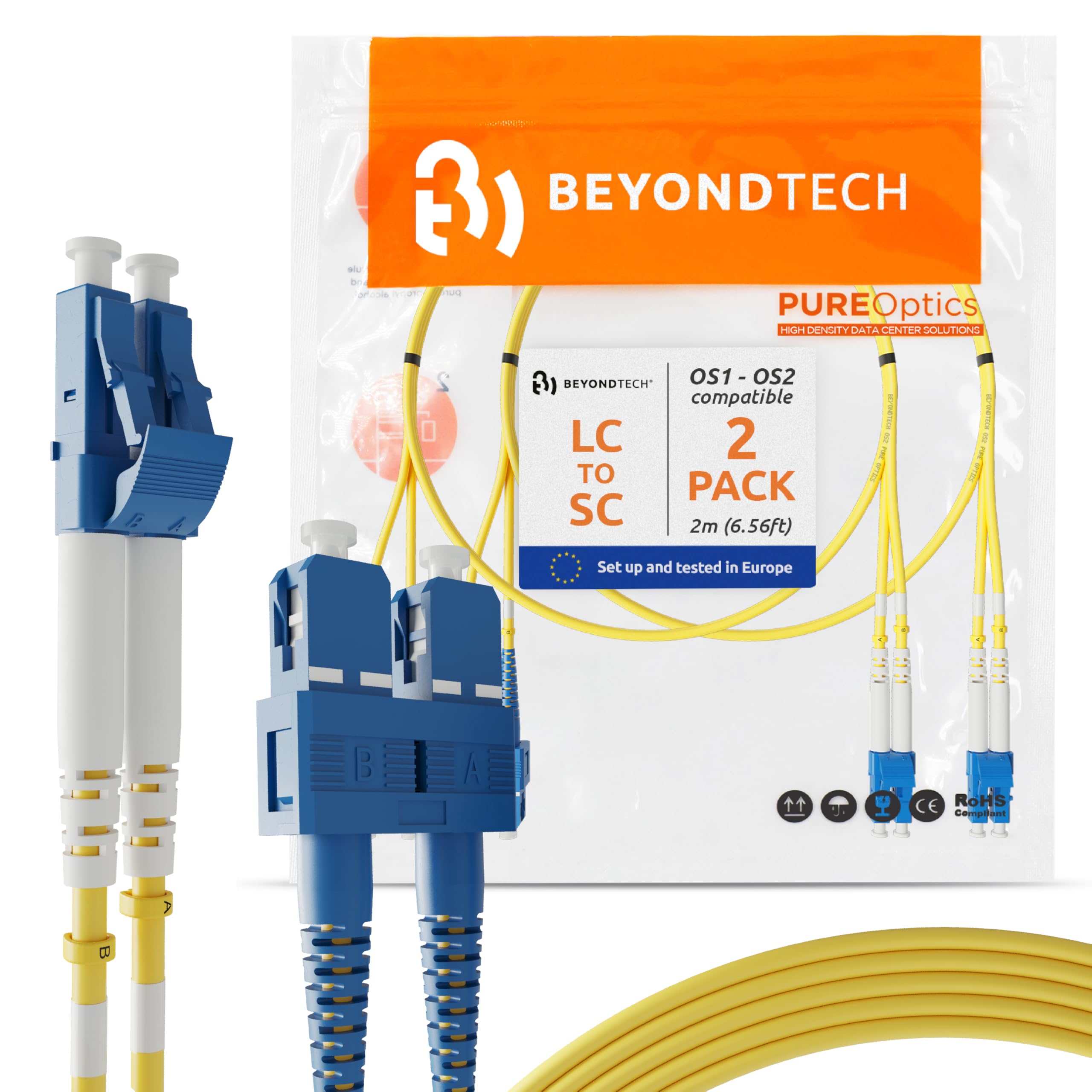 BEYONDTECH LC to SC Single Mode Fibre Patch Cable Duplex - 2M (LSZH) 9/125um OS1 (2 Pack) Singlemode Lead Series