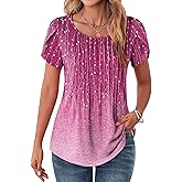 Zeagoo Womens Tops Petal Short Sleeve Summer Casual Crew Neck Shirts Floral Solid Blouse Pleated Tunics