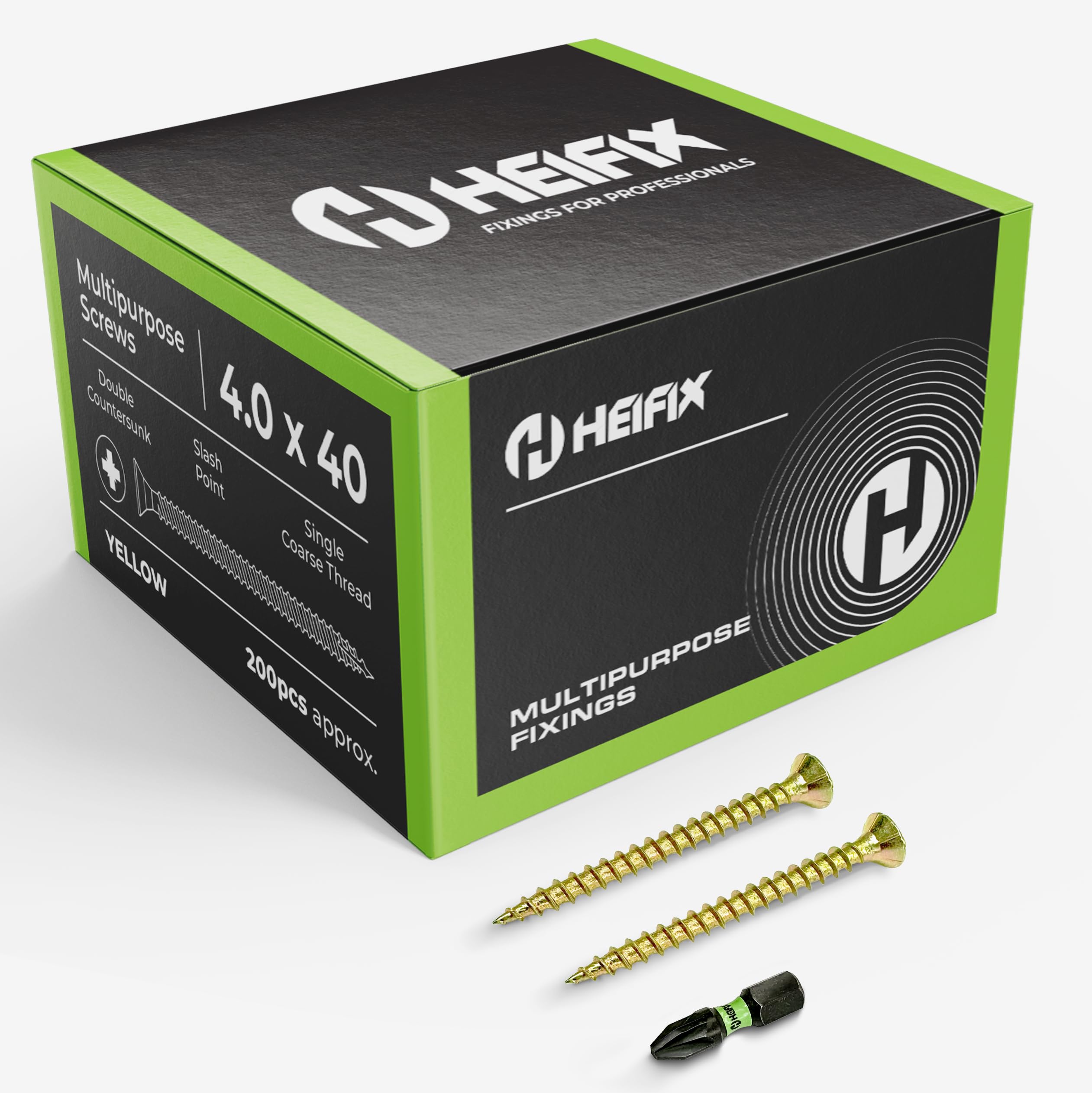Heifix Multi-Purpose Wood Screws - FREE Screw Bit Included (QTY 200, 4mm x 40mm) Pozi Double Countersunk — image 1