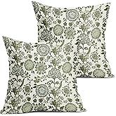 aportt Green Block Print Pattern Pillow Covers 18X18 Inch Set of 2 Vintage Flower Botanical Leaves Decorative Pillow Cases Rustic Floral Cotton Linen Cushion Case Farmhouse Home Decor for Sofa Couch