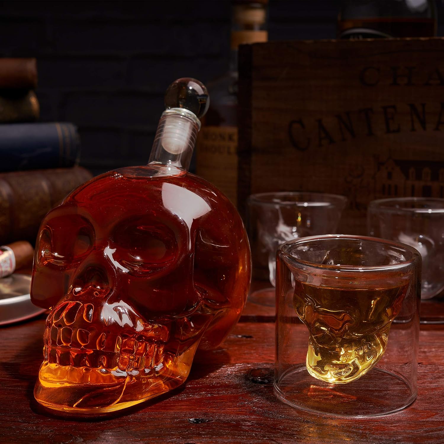 Oak & Steel, Skull Glass Decanter and 6 Skull Glass Shot Glasses, Premium Wine and Whiskey Dispenser - Image 3