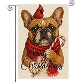 HOMETITUTE Merry Christmas Dog Garden Flag Double Sided 12x18 Inch Burlap Holiday Garden Flag French Bulldog with Red Scarf Seasonal Banner for Indoor and Outdoor Decoration Yard Lawn Decor