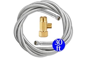 ONDIOMN Brass Water Line Splitter and Hose for Refrigerator Ice Maker Kit, 30' Braided Stainless Steel Fridge Supply Tubing with 1/4" Compression Fittings and 1/4" x3/8" x/3/8" Valve Connector (30 FT)